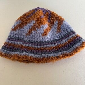 Handmade Knit Crochet Bucket Hat Purple Orange Fuzzy Boucle Knit Boho 90s Style